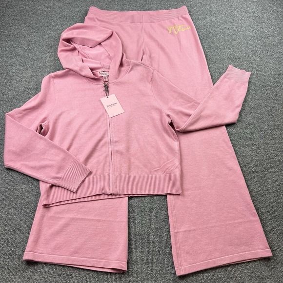 Juicy Couture L Pink Sweater Knit 2pc Set Zip Hoodie Wide Leg Pants NWT